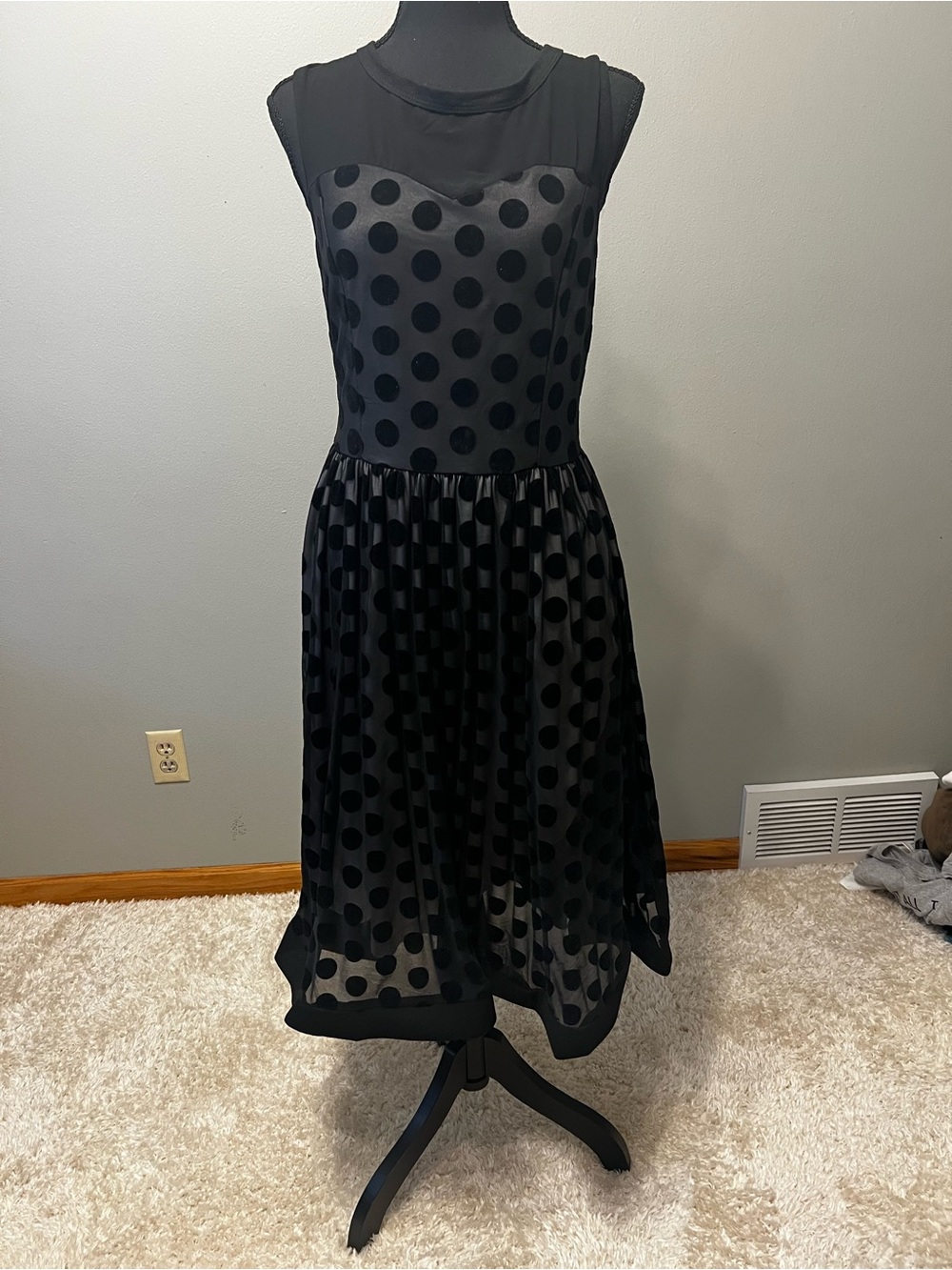 Sleeveless Black Polka Dot Midi Dress